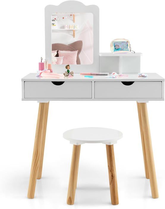 Coiffeuse Bureau 2 En 1 Pour Enfant Fille - Avec Chaise Et Miroir 3 Parties - Plateau Amovible - 3-7 Ans