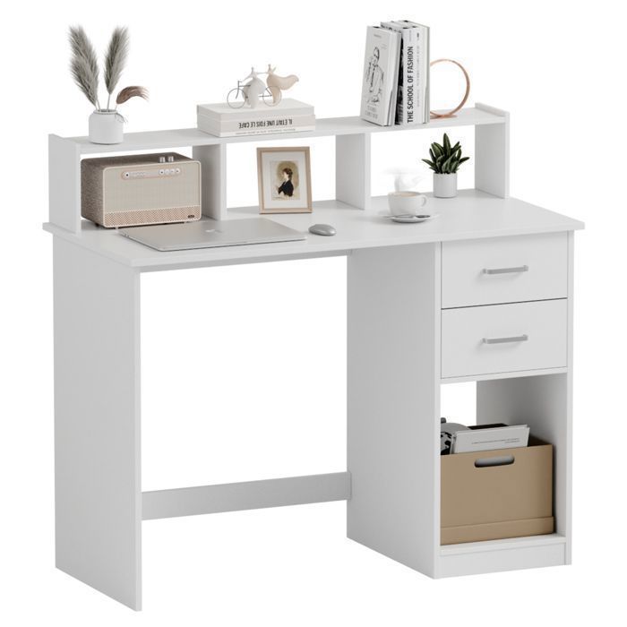 Mondeer Bureau avec Rangement Bureau Blanc avec Étagères de Rangement et 2 Tiroirs 105L x 48P x 94H cm
