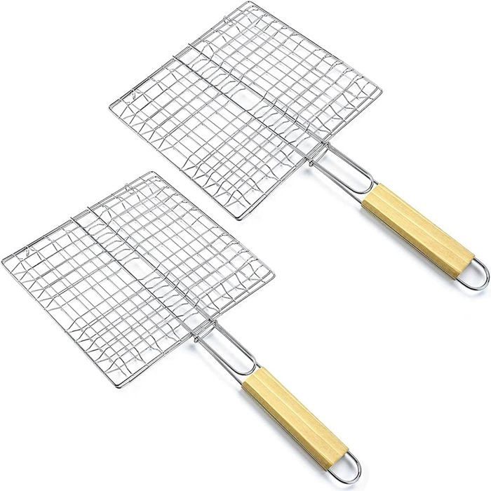 2 Grilles De Barbecue Pliables Avec Poignée Bois - Universelles Pour Poisson Et Viande | BBQ Intérieur/Extérieur
