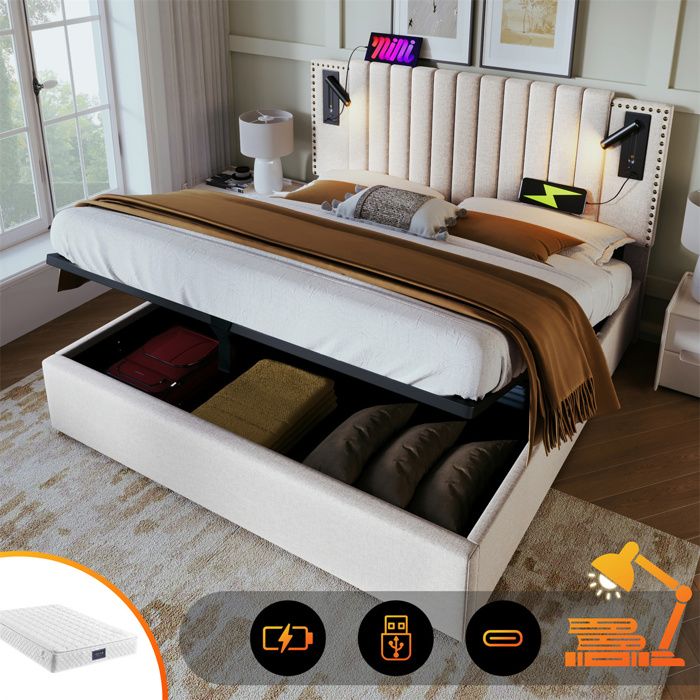 Lit 2 Personnes avec Sommier et Matelas - Lit 140x200 Coffre de Rangement - Beige - prise USB - Lampe de Lecture - Rivet - Coton