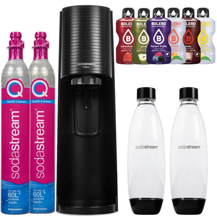 Machine à gazéifier leau - Sodastream - Terra Black - 2 bouteilles 1L - 2 cylindres CO2 - 6 saveurs Bolero