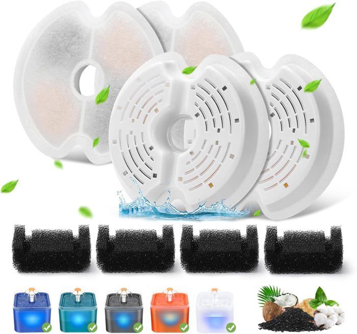 Meilleurs prix pour Filtre Fontaine Eau Chat,4 pièces de Filtre de Rechange pour Fontaine pour Chat 67oz/2L avec éclairage Nocturne LED,4 Filtres 2L