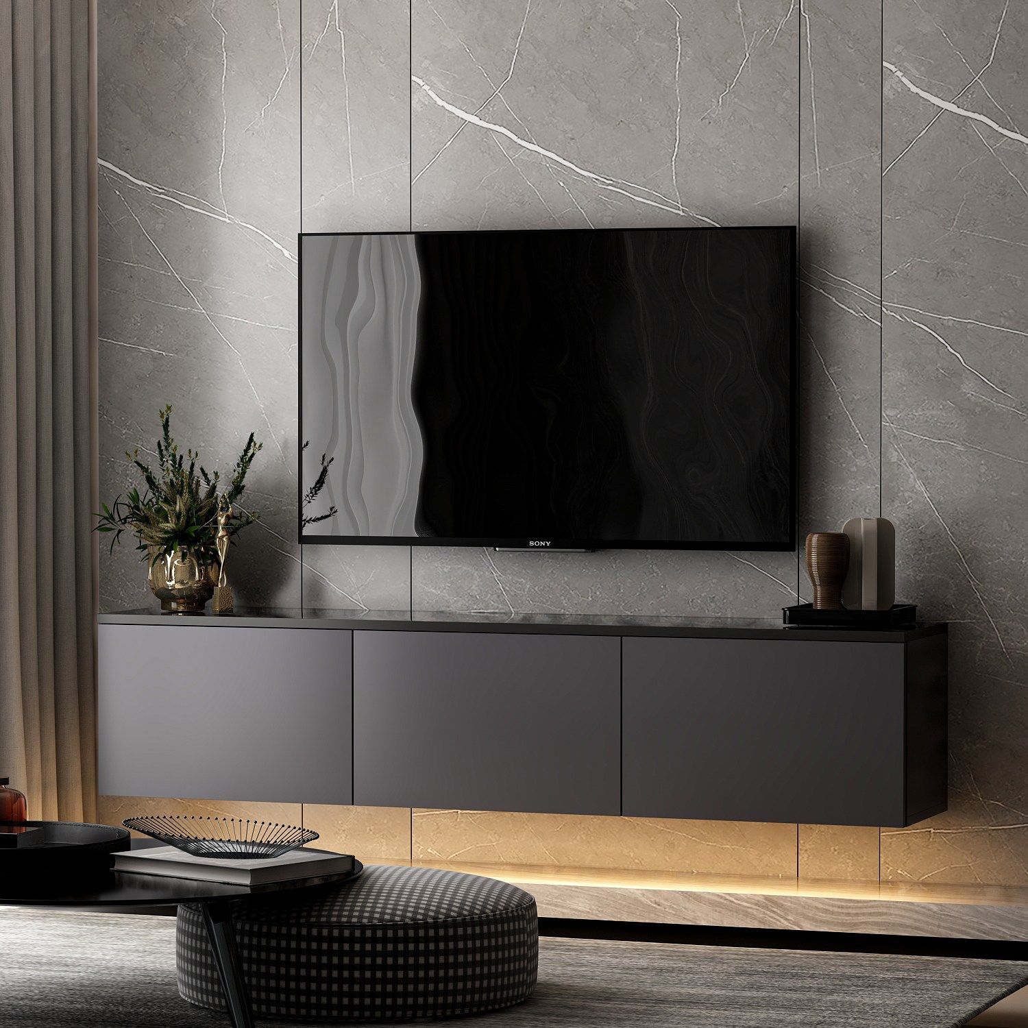 Meuble TV - NEON - Anthracite - 160 x 35 x 32 cm