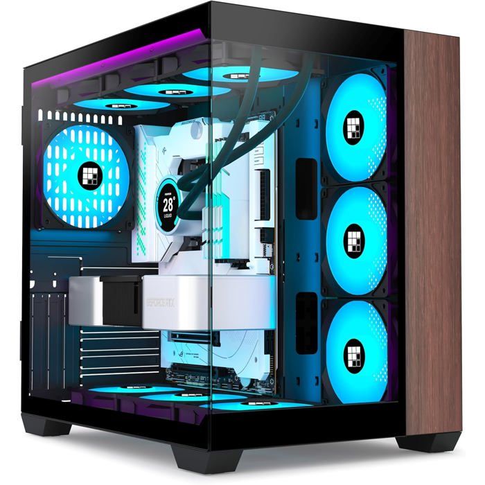 Boitier PC en Noyer avec Ventilateurs ARGB PWM et Verre Panoramique 270° – Type C (Noir M9)