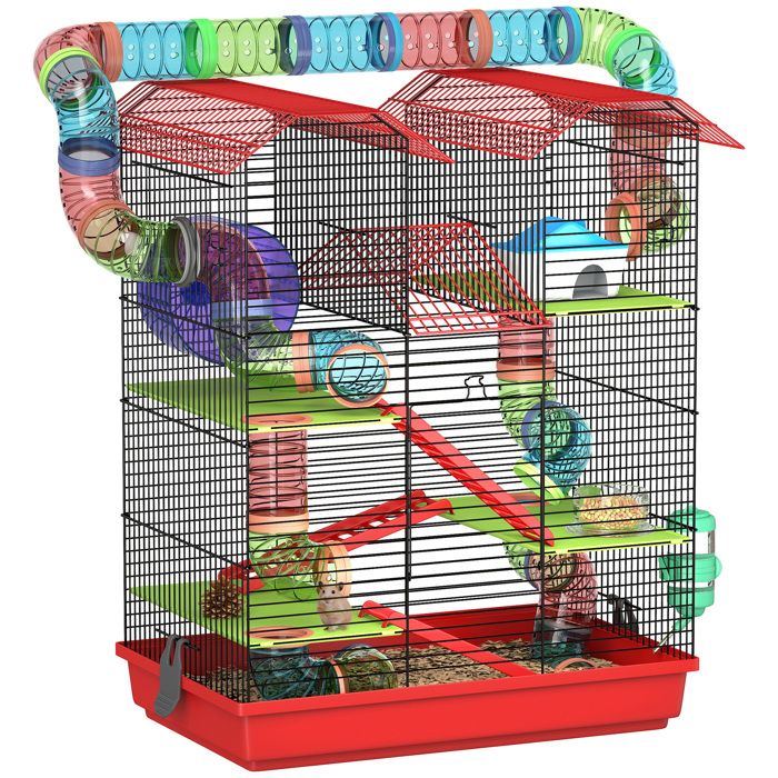 Cage pour hamster - PawHut - avec tunnel mangeoire roue jouet - pour souris petit animaux rongeur - 47 x 30 x 59 cm - rouge Cage pour hamster - PawHut - avec tunnel mangeoire roue jouet - pour souris petit animaux rongeur - 47 x 30 x 59 cm - rouge