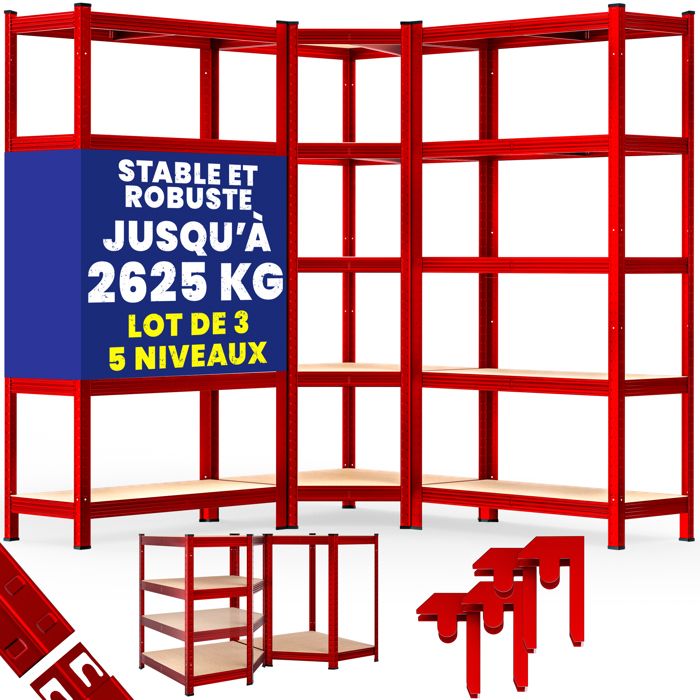 MONZANA® Set de 3 étagères charge lourde 5 niveaux rouge Étagère métallique modulable 2625kg Étagère dangle garage atelier MONZANA® Set de 3 étagères charge lourde 5 niveaux rouge Étagère métallique modulable 2625kg Étagère dangle garage atelier