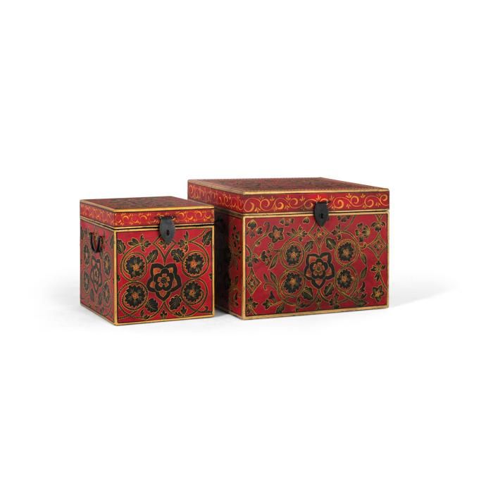 Malles en bois de manguier - Ensemble de 2 - Peintes à la main - Motifs floraux - Fermetures métal - Rouge Malles en bois de manguier - Ensemble de 2 - Peintes à la main - Motifs floraux - Fermetures métal - Rouge