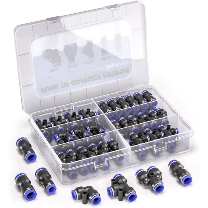 Kit Raccords Pneumatiques 46x 6mm Droit/Coudé/Té/Séparateur Réducteurs 4-8mm Connexions Pression