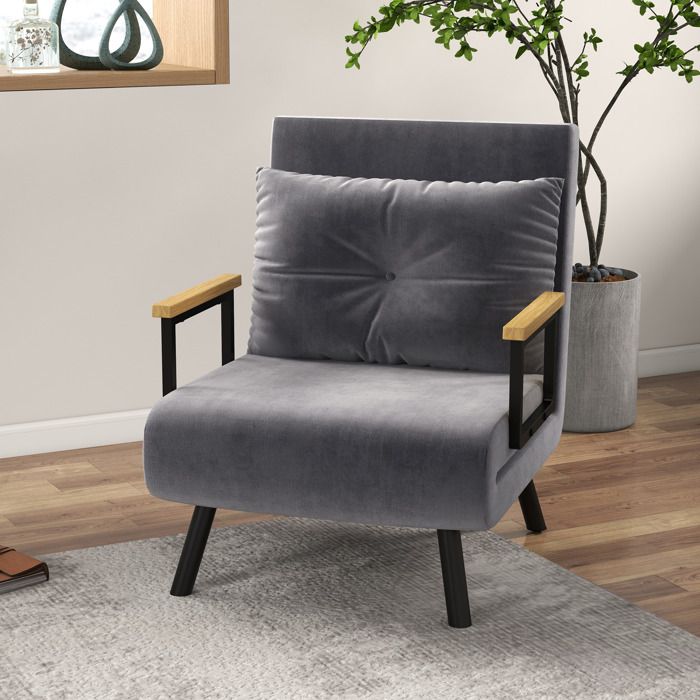 Fauteuil convertible 1 place fauteuil-lit chauffeuse 3 en 1 dossier réglable oreiller tissu velours 63x73x81cm gris