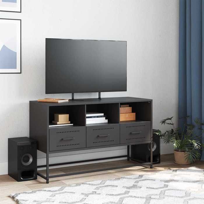 Meuble TV industriel - vidaXL - Noir - Acier - 1005x39x605 cm - 3 compartiments ouverts - 3 tiroirs