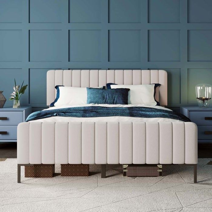 Lit double rembourré - 180 x 200 - Sommier à lattes - Tête de lit réglable - Beige