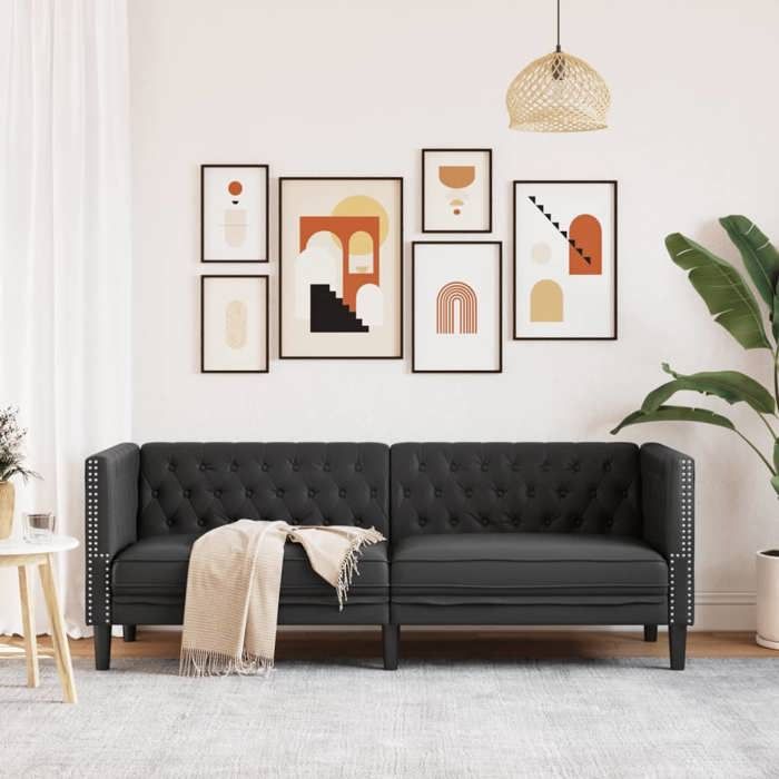 Canapé Chesterfield 3 places - MANGO - Similicuir - Noir - 194x745x705 cm - Capacité 110 kg par siège - Style tufté Canapé Chesterfield 3 places - MANGO - Similicuir - Noir - 194x745x705 cm - Capacité 110 kg par siège - Style tufté