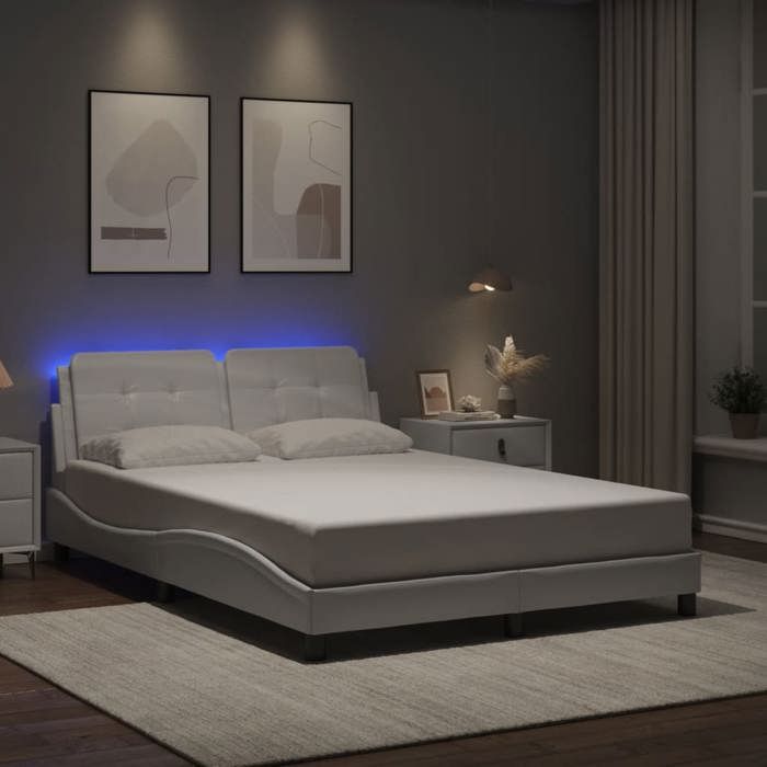 Structure de lit avec LED - UU - Blanc - 140x190 cm - Similicuir - Lattes de contreplaqué - Bande LED 55 cm