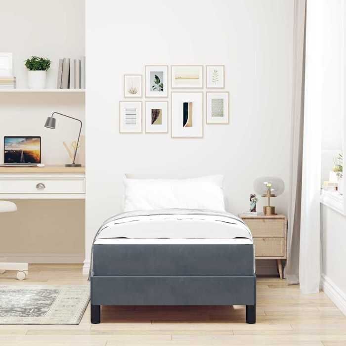 Lit à ressorts avec matelas - UU - Gris foncé - 90x200 cm - Tissu - Bois dingénierie - Cadre à lattes