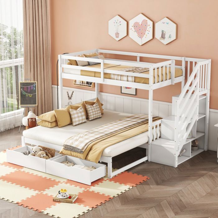 Lit Superposé Évolutif 90x200cm avec Lit Escamotable - 2 Tiroirs de Rangement - Escalier Intégré - Transformable en Lit Double 180