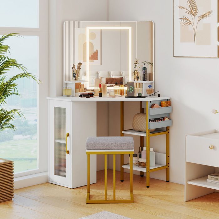 GIANTEX Coiffeuse dAngle avec Tabouret- Miroir Pivotant LED Réglable- 4 Étagères Ouvertes- Station de Charge- 108x50x143cm- Blanc GIANTEX Coiffeuse dAngle avec Tabouret- Miroir Pivotant LED Réglable- 4 Étagères Ouvertes- Station de Charge- 108x50x143cm- Blanc