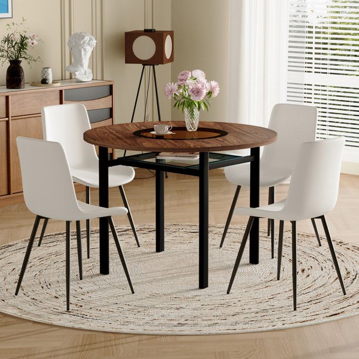 Table ronde - Moderne - 100 cm - Rangement intégré - 4 fauteuils cuir PU blanc