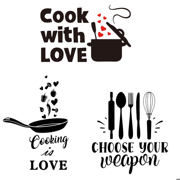 Trois stickers muraux pour la cuisine avec des citations et des motifs de lettres amusants.Autocollants muraux repositionnables