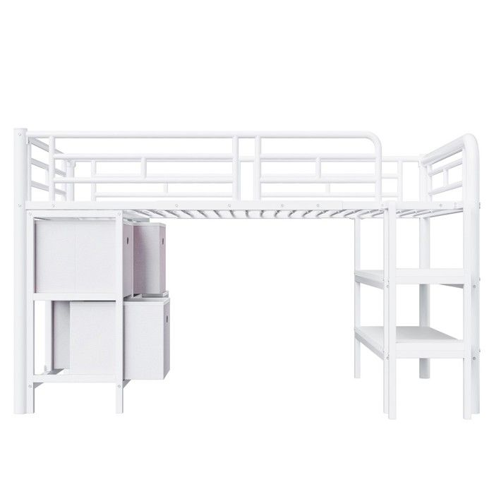 Lit mezzanine enfant 90x200 métal blanc Escalier large angles ronds. Tiroirs+étagères pour rangement optimal Sans Matelas