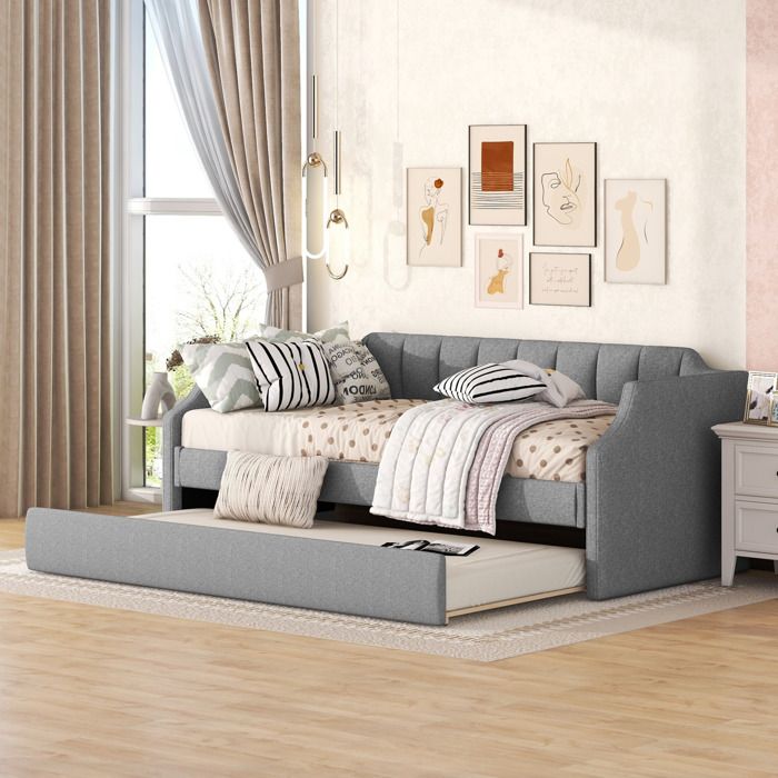 Lit banquette 90×200 cm avec lit gigogne à roulettes dossier courbé coton lin gris Sans matelas