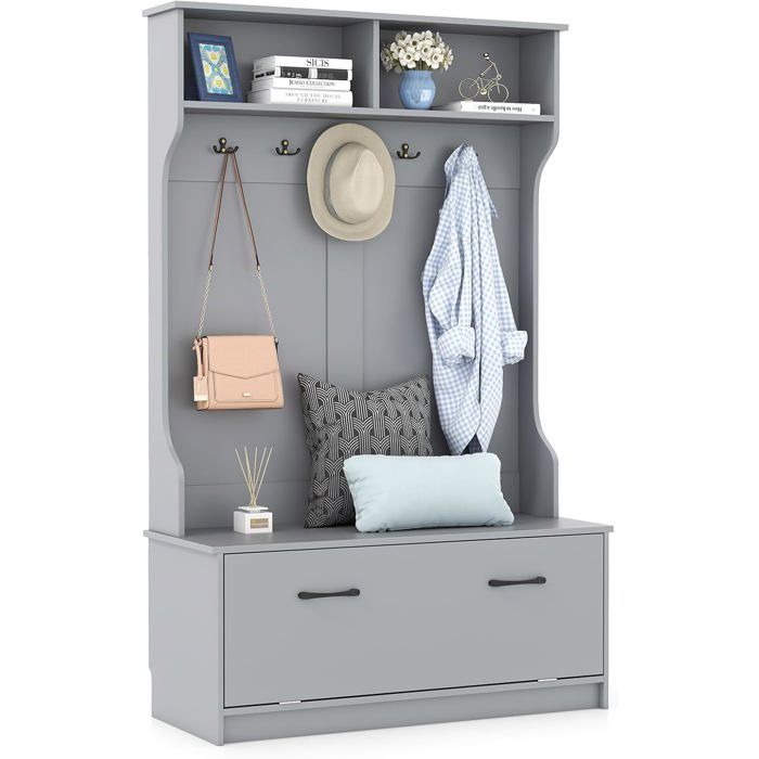 GIANTEX Portemanteaux pour Entrée Meuble Entrée avec Banc Armoire de rangement 5 Crochets Doubles 100X40X160CM Gris