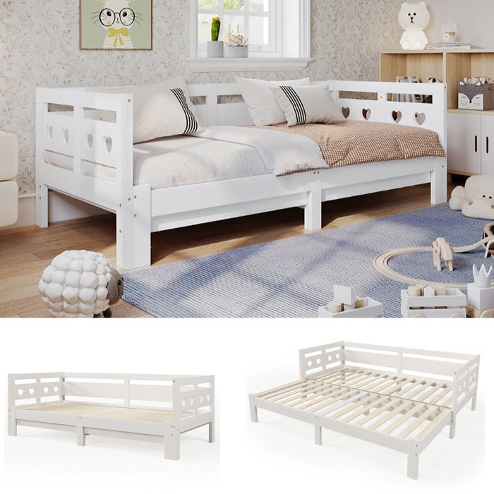 Lit banquette enfant - MERAX - Lit extensible 90x200 - Pin massif - Blanc - 2 couchages