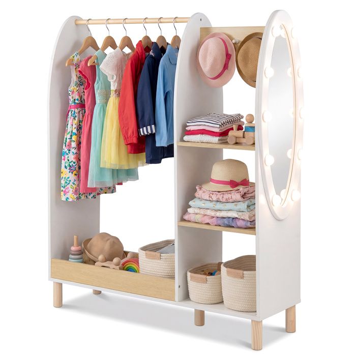 COSTWAY Armoire de Rangement pour Enfants avec Miroir et Lumières - Penderie Ouverte avec Étagères et Crochets 91 x 28 x 110 cm COSTWAY Armoire de Rangement pour Enfants avec Miroir et Lumières - Penderie Ouverte avec Étagères et Crochets 91 x 28 x 110 cm