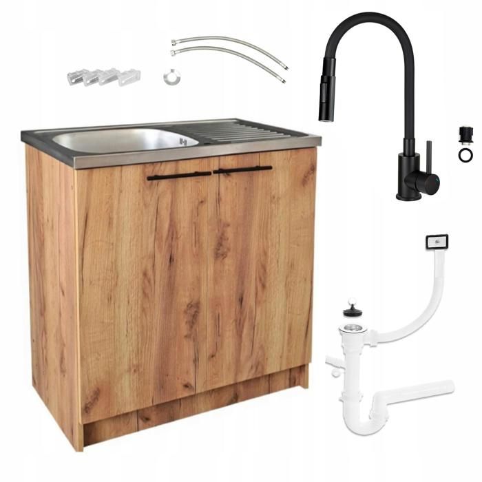 Meuble sous Évier 80 cm Chêne Doré + Évier Deante Inox + Robinet Extensible 2-en-1 Noir + Siphon LV - 80x49x82 cm
