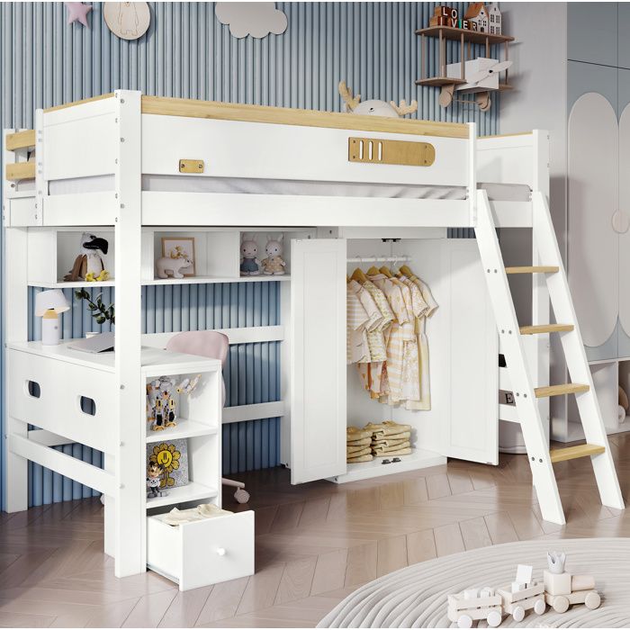 Lit superposé enfant blanc et naturel 90 × 200 cm avec bureau et armoire