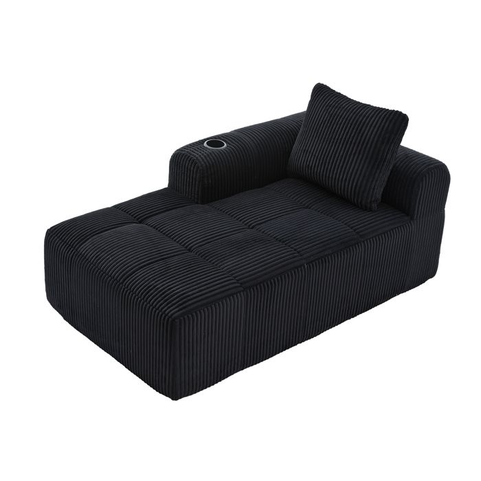 VLIVRA Méridienne avec poches latérales et porte gobelets assise confortable en velours côtelé noir 158 × 93 × 61 cm