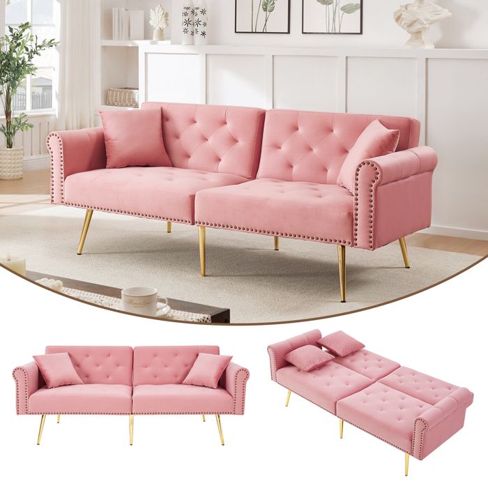 Canapé 2 places Convertible en velours 173×75×70 cm Canapé-lit avec dossier réglable et 2 Coussins pieds en métal doré et Rose