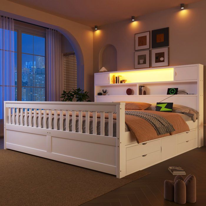 Lit double 180x200 cm - LEMONBEST - Plateforme 4 tiroirs - LED intégrée - Tête de lit bibliothèque - MDF/contreplaqué
