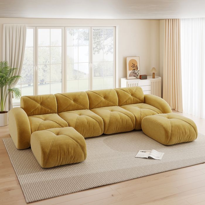 Canapé dangle modulable en U 4 places Canapé panoramique effet nuage avec 2 poufs assise profonde pour salon - chenille - jaune