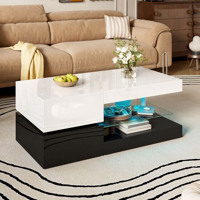 ULEVR Table basse rectangulaire moderne pour le salon 90x45x35 5 cm - LED intégrée étagère en verre noir et blanc