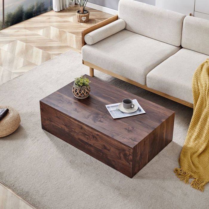 Table basse rectangulaire effet noyer. 90x50x30 cm MDF sans montage. Pieds antidérapants style luxe moderne.