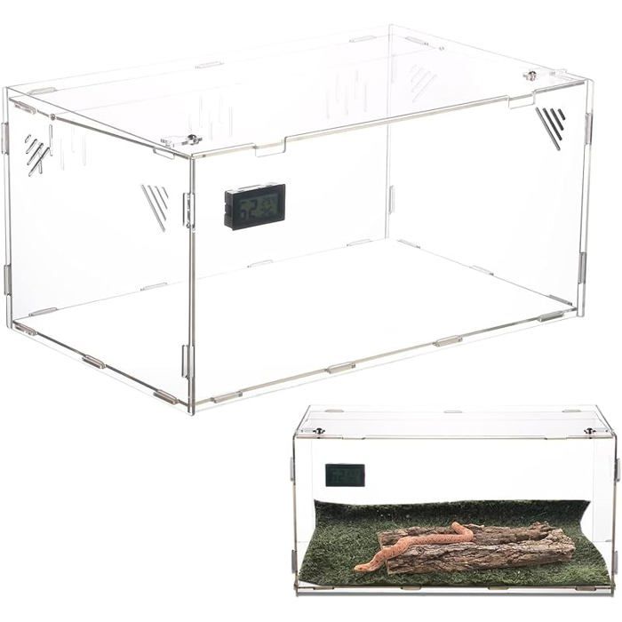 Terrarium en Acrylique Terrarium d escargots avec Thermo-hygromètre Grande boîte d alimentation 39 x 25 x 19 cm