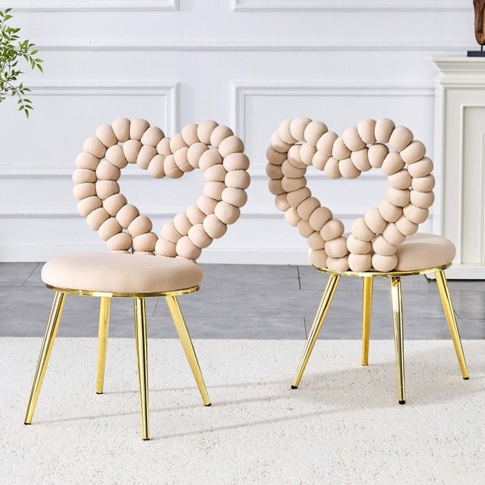 CollaHausse Lot de 2 Chaises Velours Beige Dossier Cœur Pieds Métal Doré