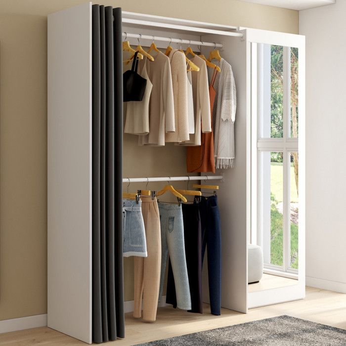Dressing extensible MARTY 120/170 x 50 x 180 cm blanc avec étagères + double penderie + miroir + rideau gris