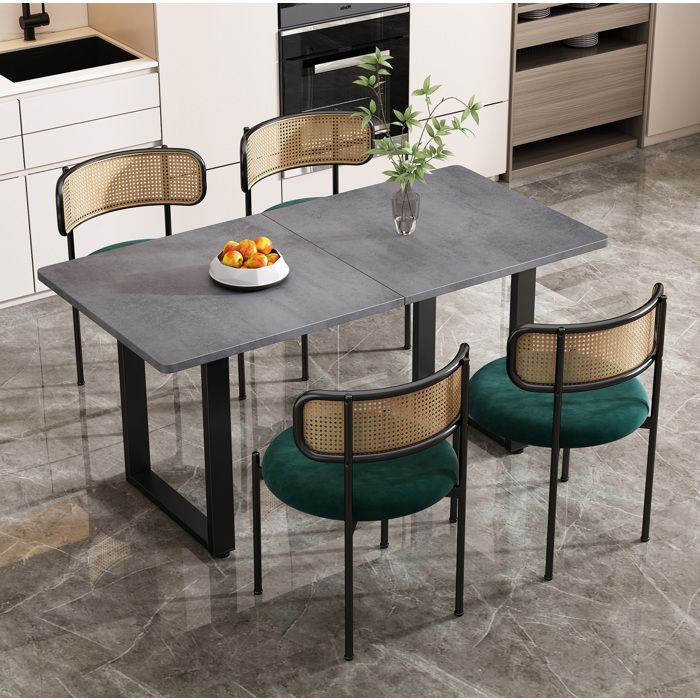Ensemble Table À Manger 5 Pièces Avec 1 Table Rectangulaire Et 4 Chaises En Velours Dossier Effet Rotin Gris Vert Noir Industriel