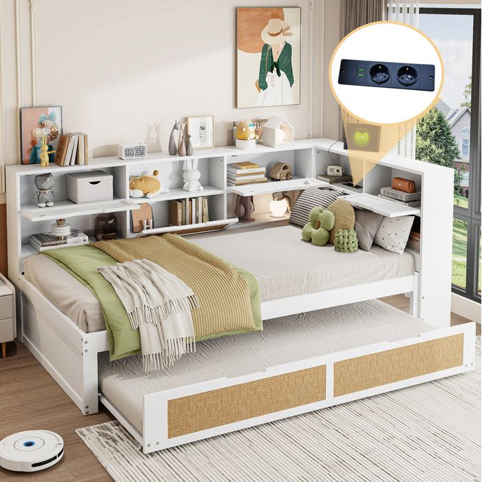 lit simple combiné 90x200 avec lit gigogne 90x190 rangements intégrés prises USB bois blanc ORVRYN