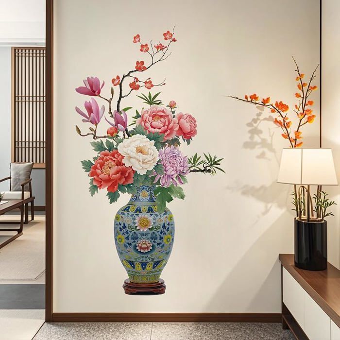 Stickers Muraux Fleurs de Pivoine GrandsAutocolnt Mural Fleurs en Vase 3DDécoration Murale Style Chinois pour