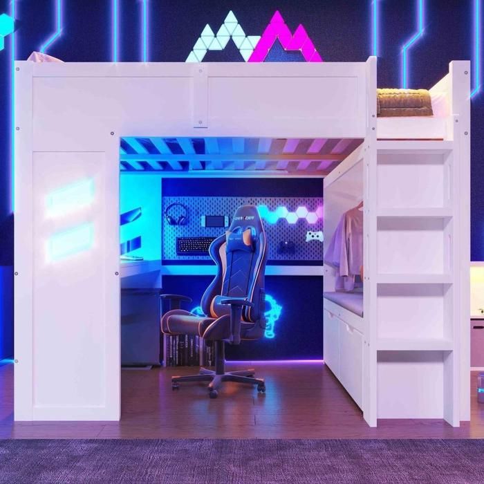 Lit mezzanine - KOMHTOM - Gaming - 140x200 cm - Bureau intégré - LED & USB‑C Lit mezzanine - KOMHTOM - Gaming - 140x200 cm - Bureau intégré - LED & USB‑C
