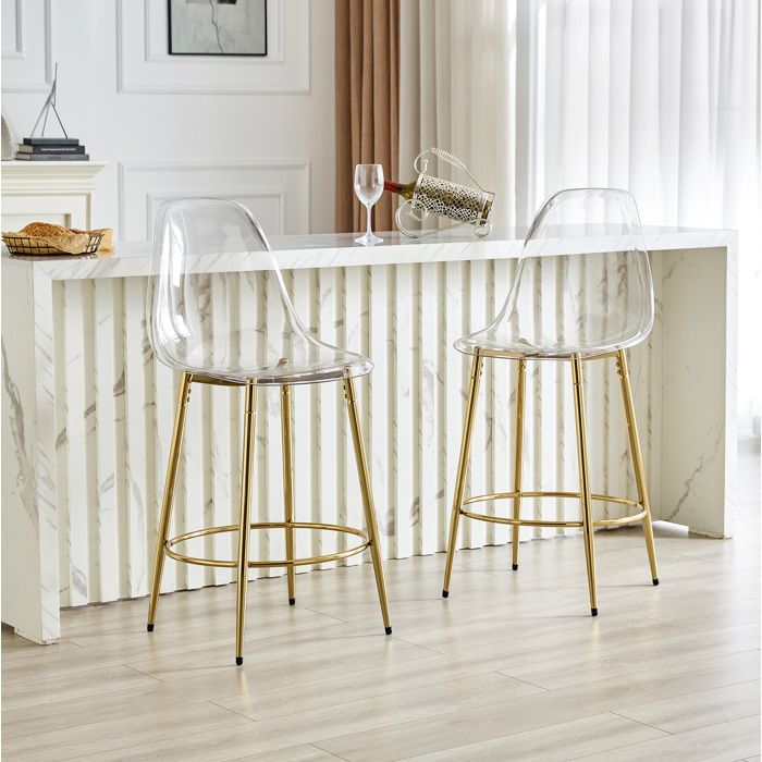 HOMVRA Lot de 2 tabourets de bar transparents 66 cm avec pieds en métal doré et repose-pieds