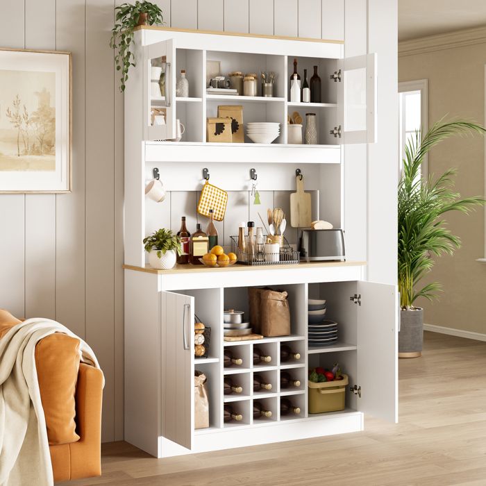 Buffet de Cuisine avec Meuble Haut 4 Portes Portes Vitrées et Casier à Bouteilles - ELVMI - Blanc et Bois 106×39×175 cm