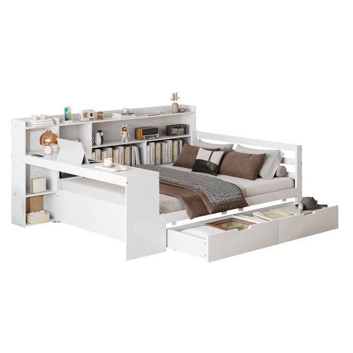 SENVIRO Lit multifonction avec bureau intégré 140 x 200 cm étagères bibliothèque tiroirs prise USB blanc