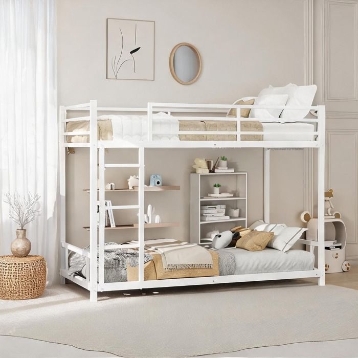 Lit superposé en métal classique blanc 90x190 cm 2 couchages avec échelle intégrée et barrières de protection idéal chambre enfant