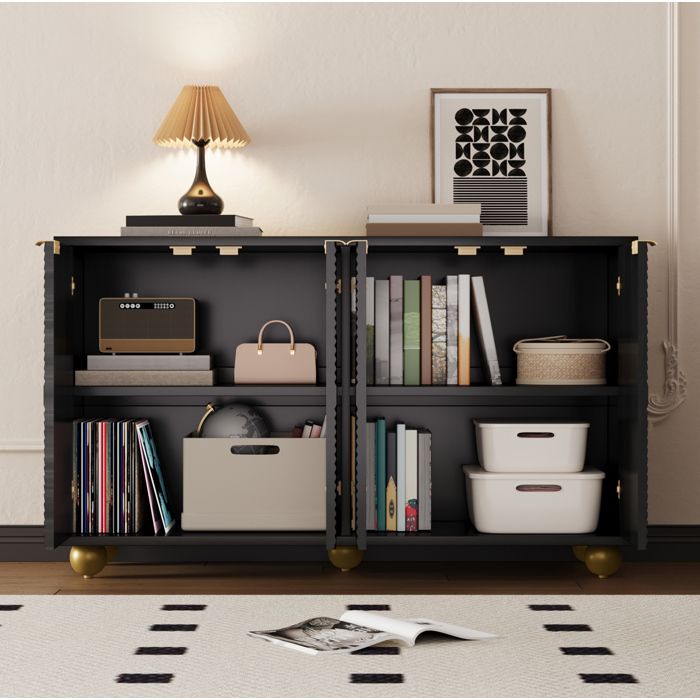 Buffet Bas 4 Portes Noir En MDF Bahut Vintage FloraGrace Pour Salon Ou Salle A Manger Etagères Réglables 120x35x715cm