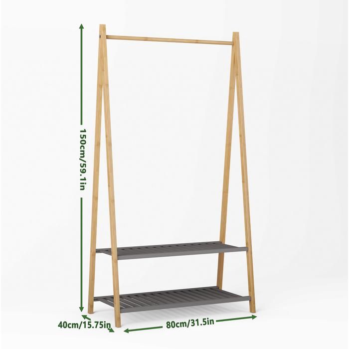 Vestiaire dEntrée avec Tringle et 2 Étagères - BEAUNIV - Rangement en Bambou Naturel pour Chambre 80 × 40 × 150 cm