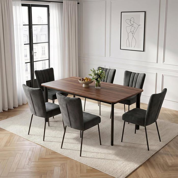 JIEXI Lot de 6 tables à manger extensibles en noyer avec chaises velours gris rembourrées ensemble salle à manger salon bureau