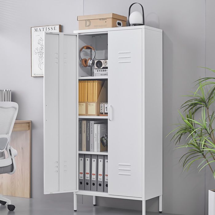 Armoire métallique à 2 portes 3 étagères réglables ventilation et fermeture magnétique - BEAUNIV - Classique Blanc